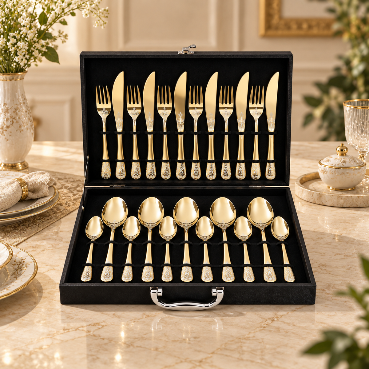 Floral Scroll Engraved Gold Cutlery Set – 24 Pcs