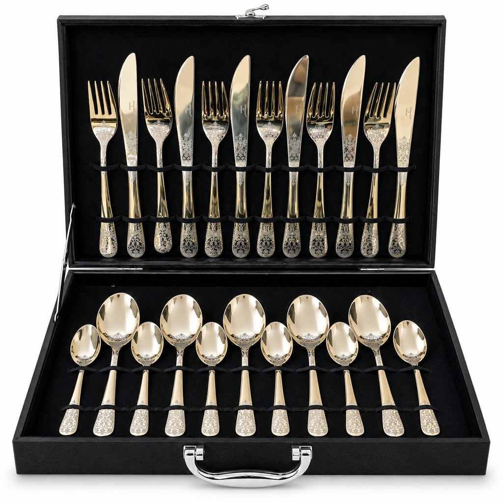 Floral Scroll Engraved Champagne Gold Cutlery Set – 24 Pcs