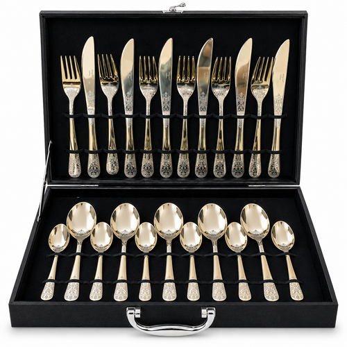 Floral Scroll Engraved Champagne Gold Cutlery Set – 24 Pcs