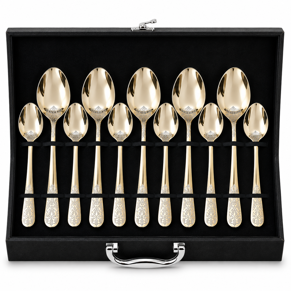 Floral Scroll Engraved Champagne Gold Cutlery Set – 24 Pcs