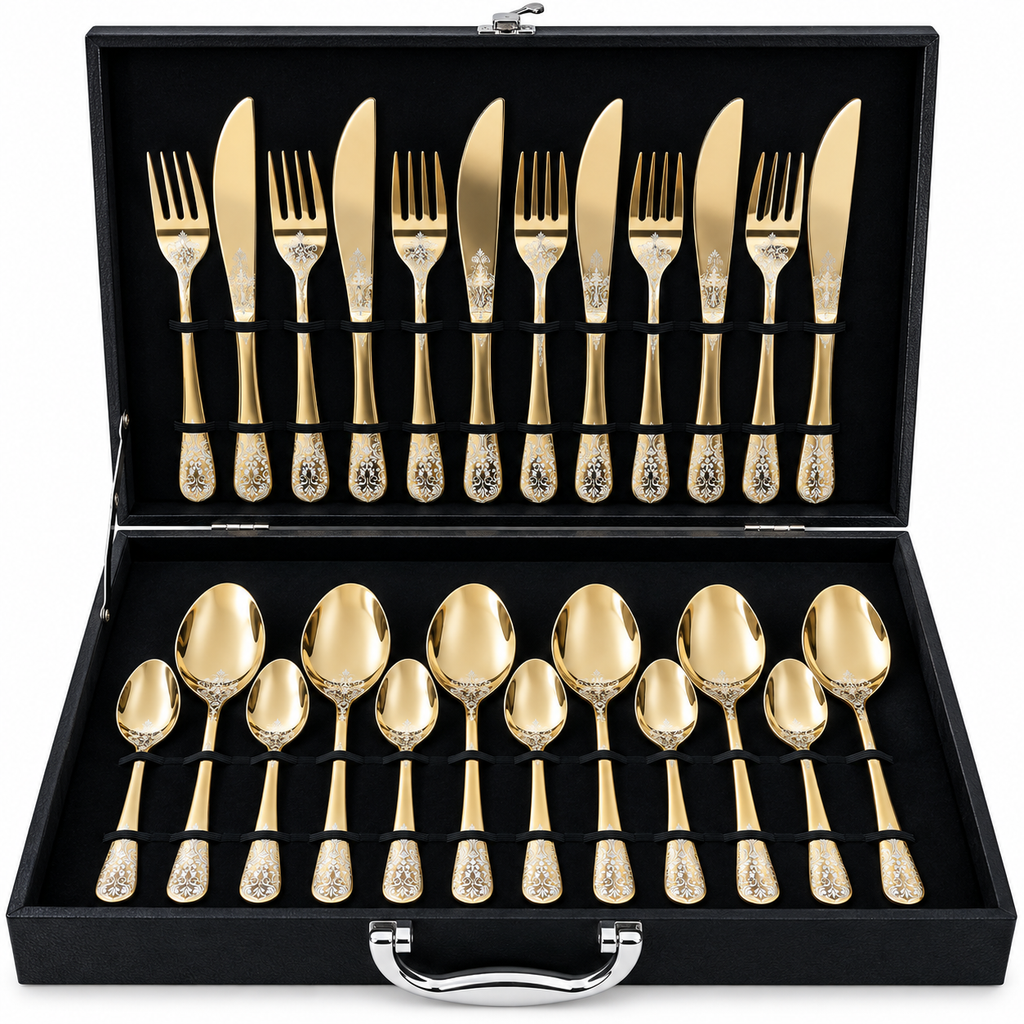 Floral Scroll Engraved Gold Cutlery Set – 24 Pcs