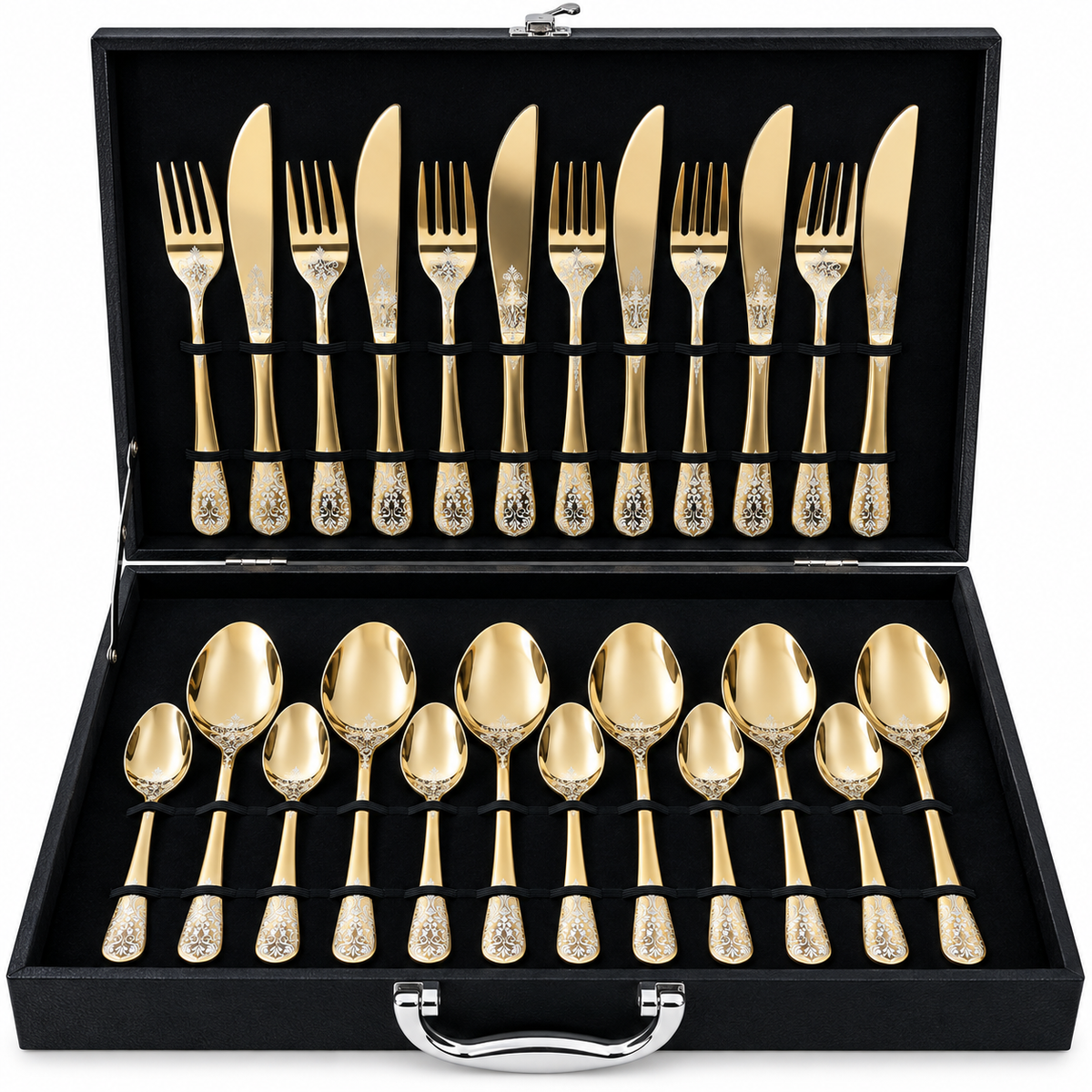 Floral Scroll Engraved Gold Cutlery Set – 24 Pcs