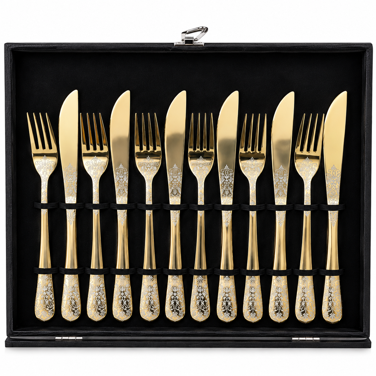 Floral Scroll Engraved Gold Cutlery Set – 24 Pcs