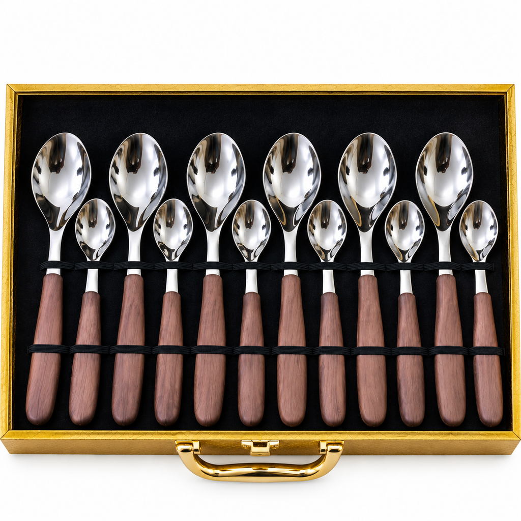 Caramel Wood Silver Cutlery Set – 24 Pcs
