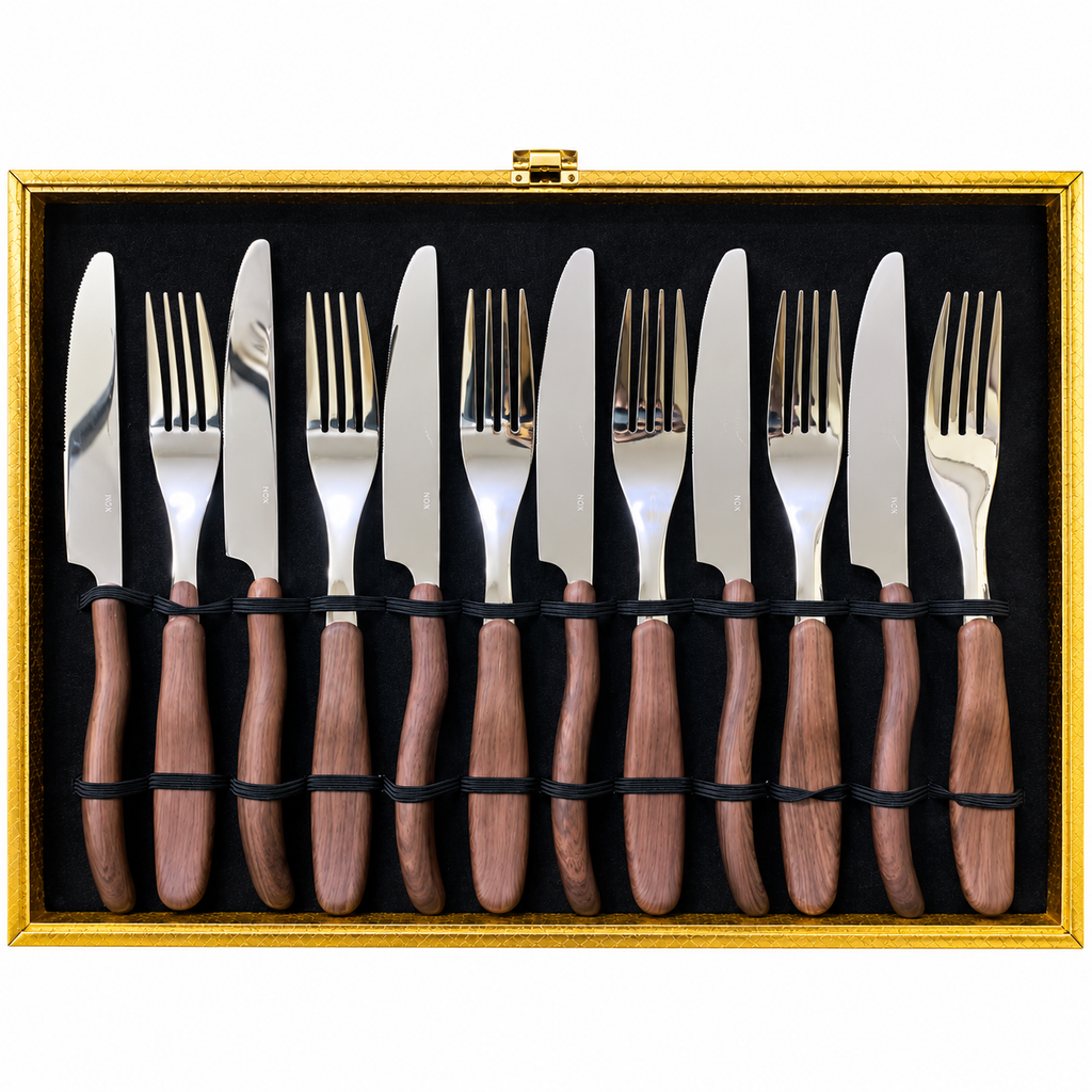 Caramel Wood Silver Cutlery Set – 24 Pcs