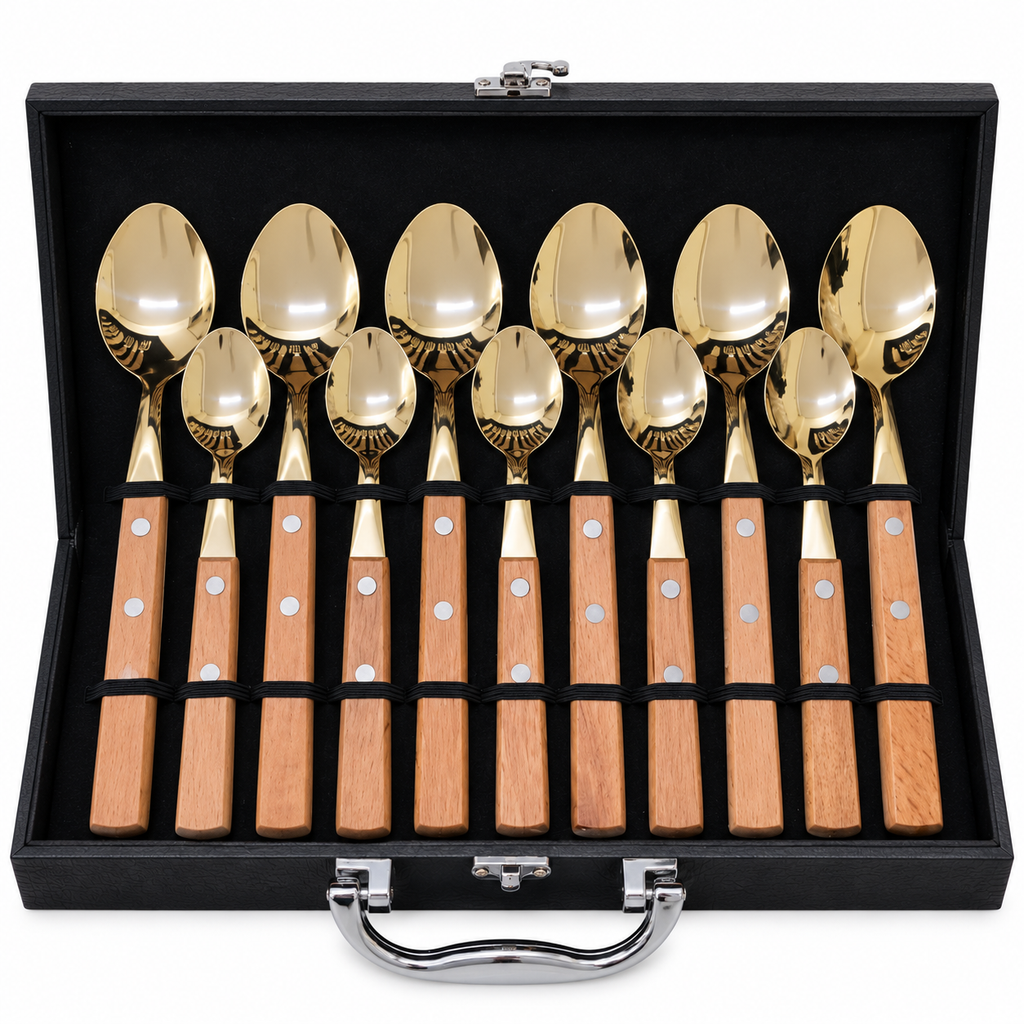 Royal Wood Champagne Gold Cutlery Set – 24 Pcs
