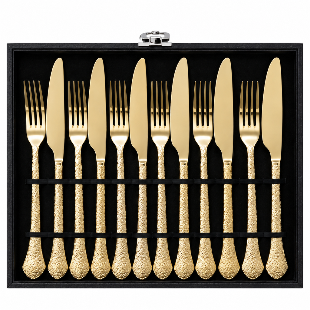 Hammered Antique Gold Cutlery Set – 24 Pcs