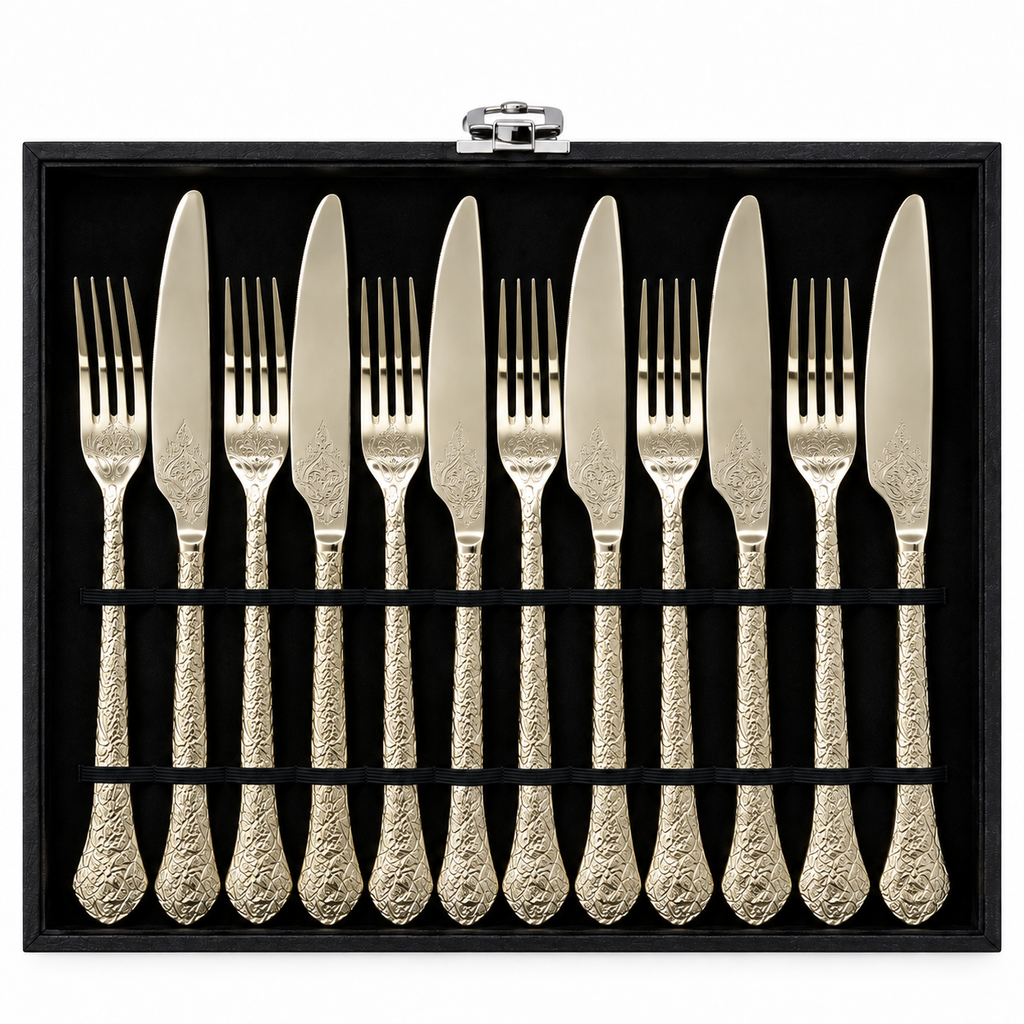 Floral Vine Engraved Champagne Cutlery Set – 24 Pcs