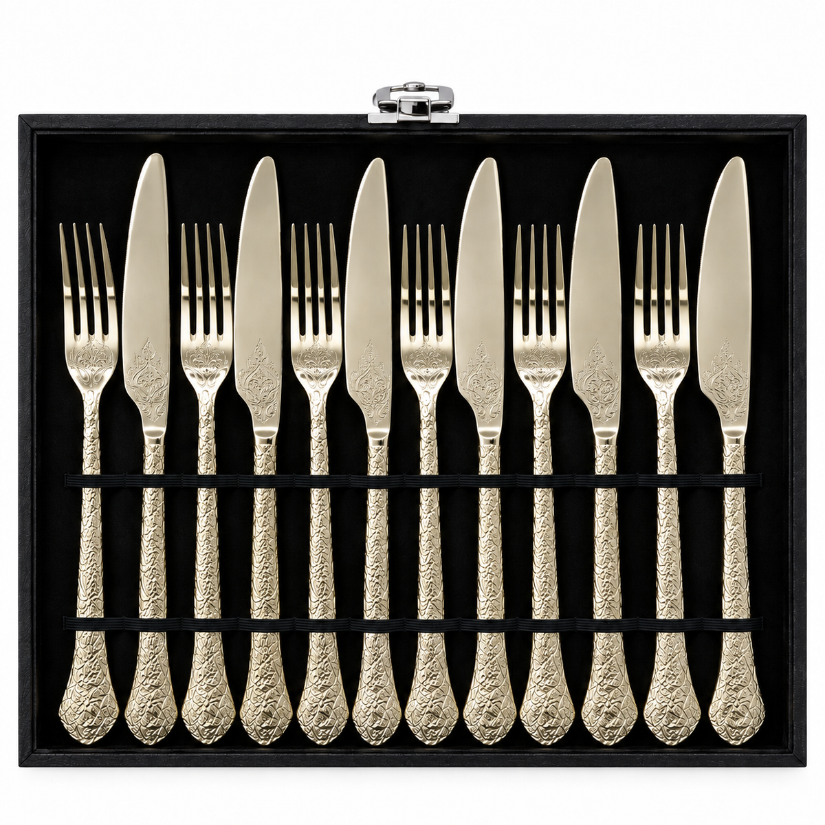 Floral Vine Engraved Champagne Cutlery Set – 24 Pcs