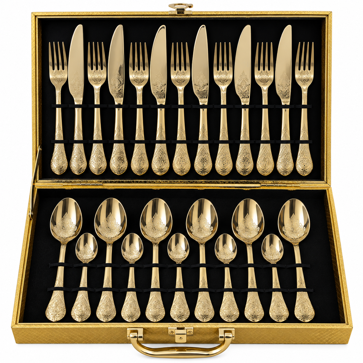 Floral Vine Engraved Gold Cutlery Set – 24 Pcs