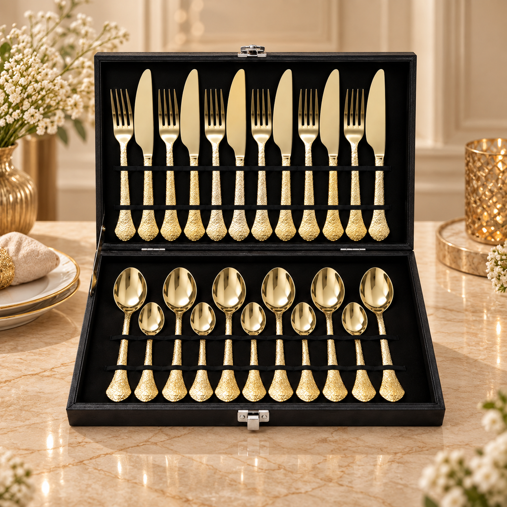 Hammered Antique Gold Cutlery Set – 24 Pcs